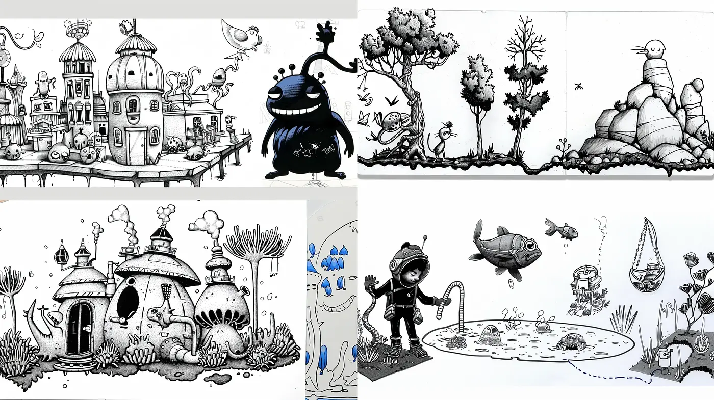 Monochromatic Whimsical Worlds: A Fusion of Inked Fantasia and Storybook Illustration - Midjourney sref style