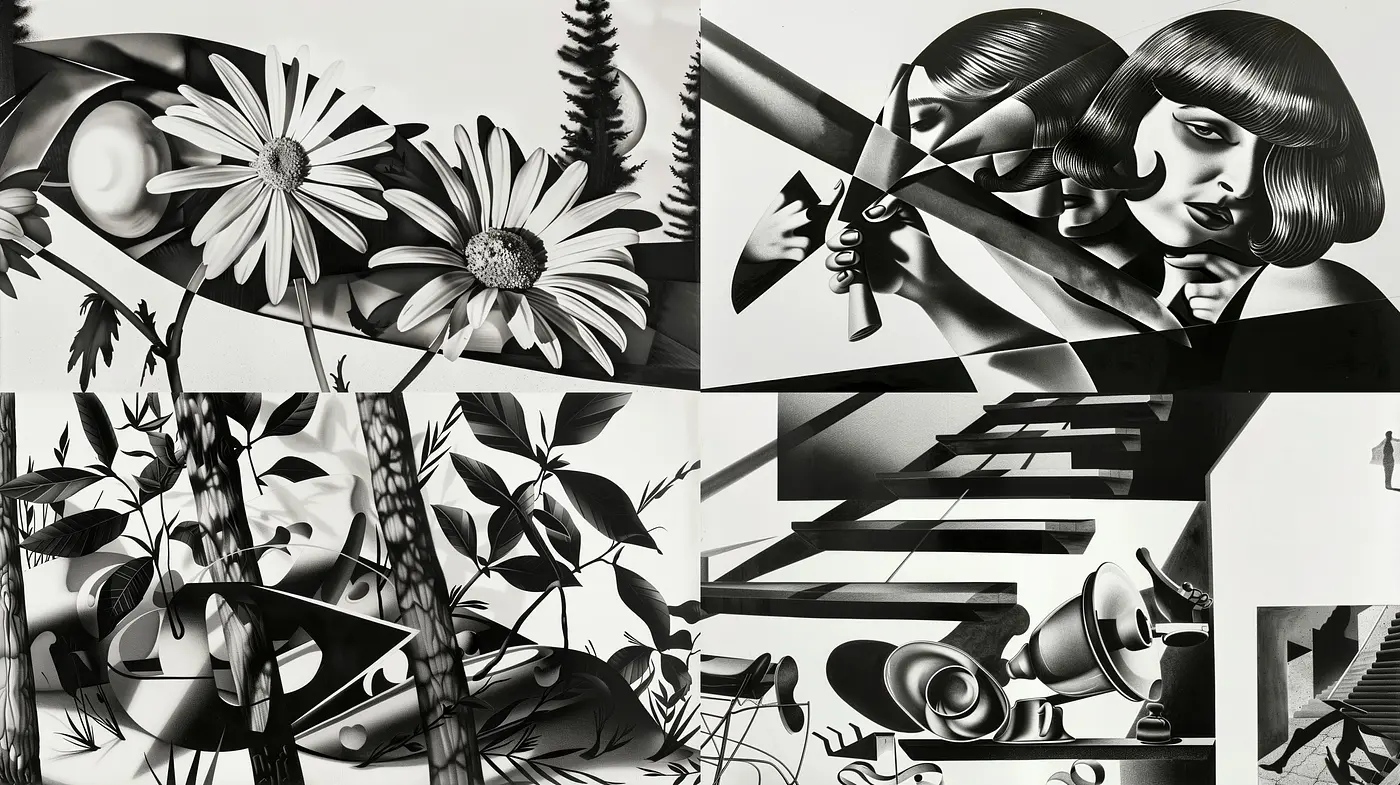 Monochromatic Elegance with Surreal and Cinematic Expressions - Midjourney sref style