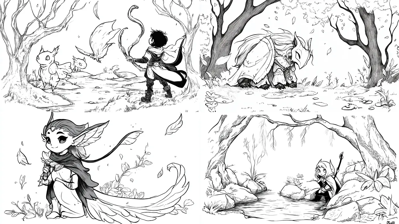 Enchanted Ink Tales: Monochromatic Fantasy Sketches - Midjourney sref style