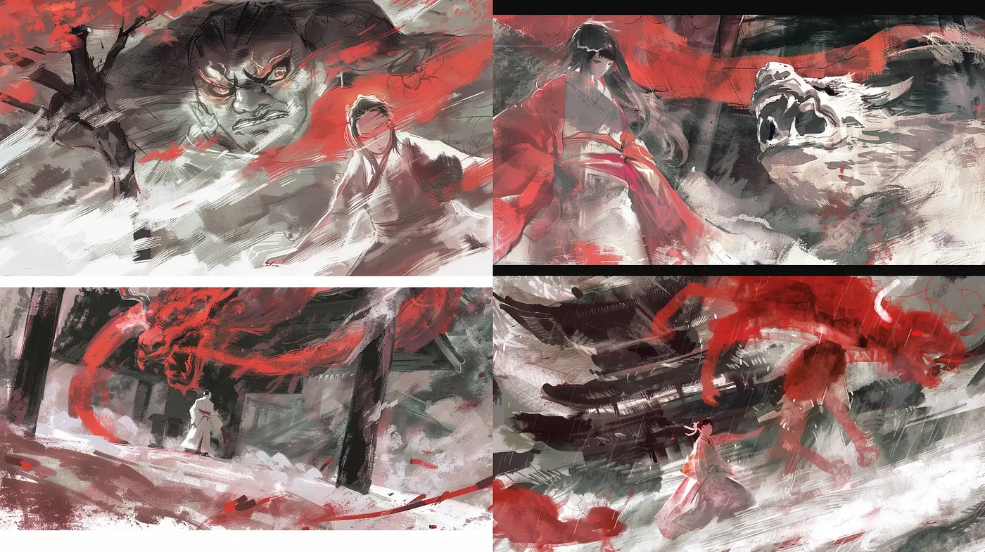 Dramatic Expressionist Brushwork with a Cinematic Monochrome to Crimson Spectrum - Midjourney sref style
