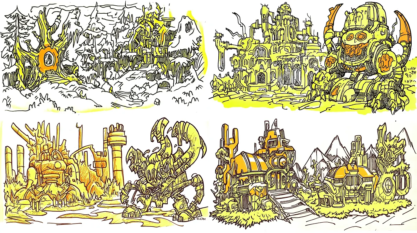 Energetic Sketchbook Illustrations with a Dystopian Sci-fi Essence - Midjourney sref style
