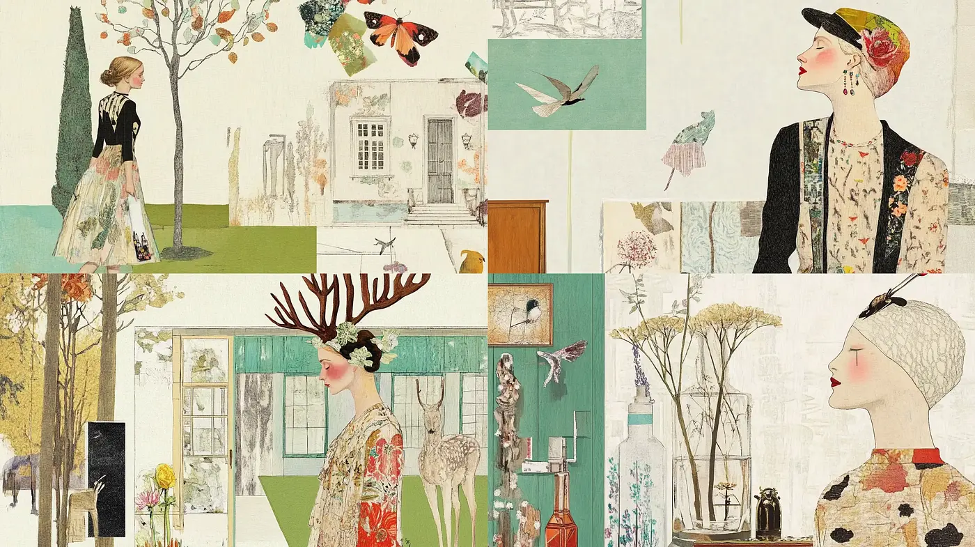 Elegant Fusion of Vintage Whimsy and Modern Collage Artistry - Midjourney sref style