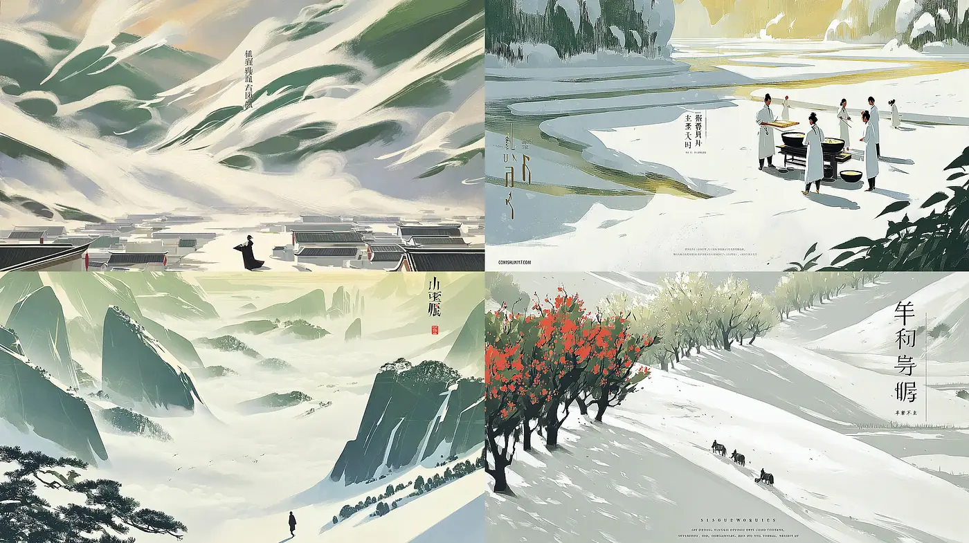 Serene landscapes with harmonious aesthetics reflecting Eastern influences - Midjourney sref style