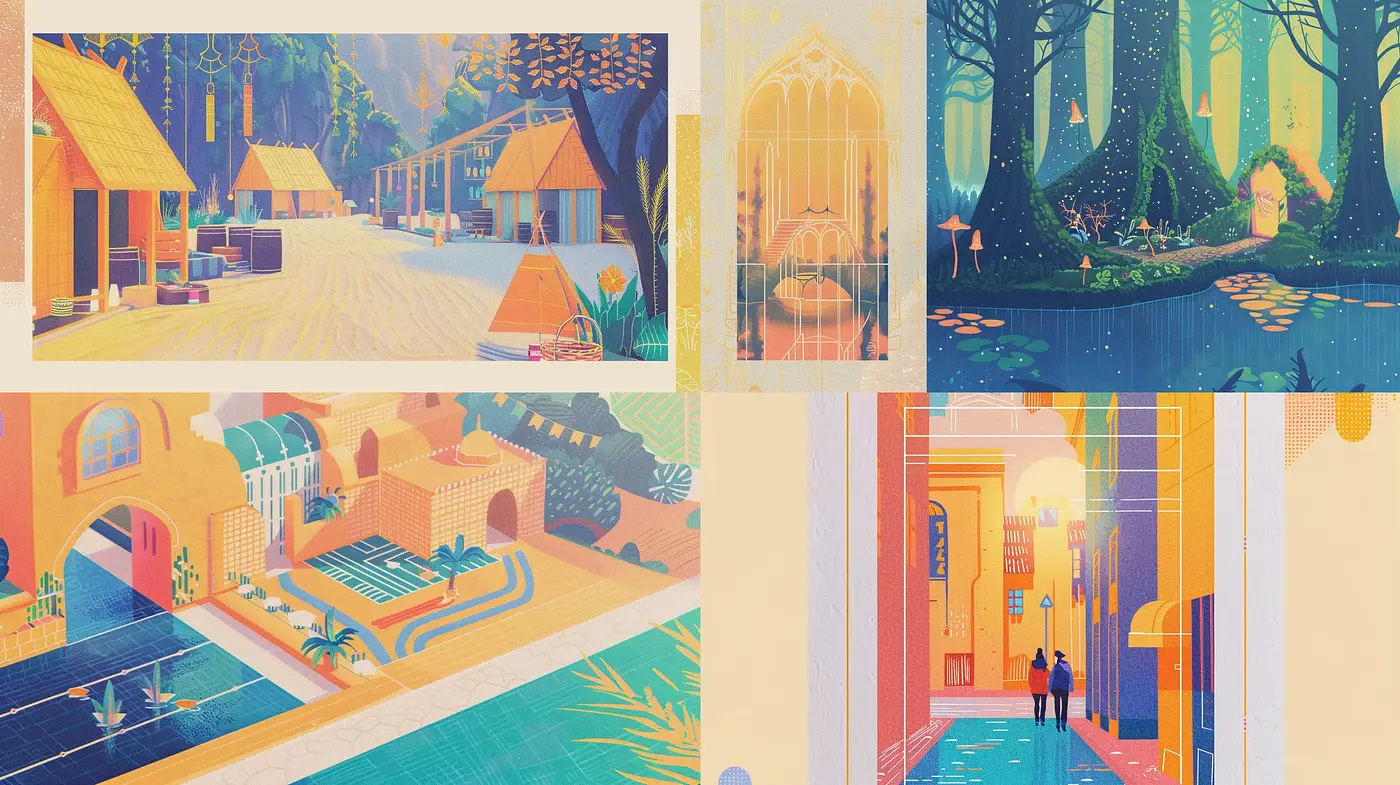 Dreamlike Pastel Panoramas: A Consistent Harmony of Nostalgic Tones and Whimsical Structures - Midjourney sref style