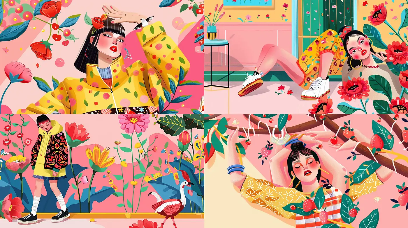 Eclectic Blossoming: A Fusion of Florals and Vibrant Character Art - Midjourney sref style