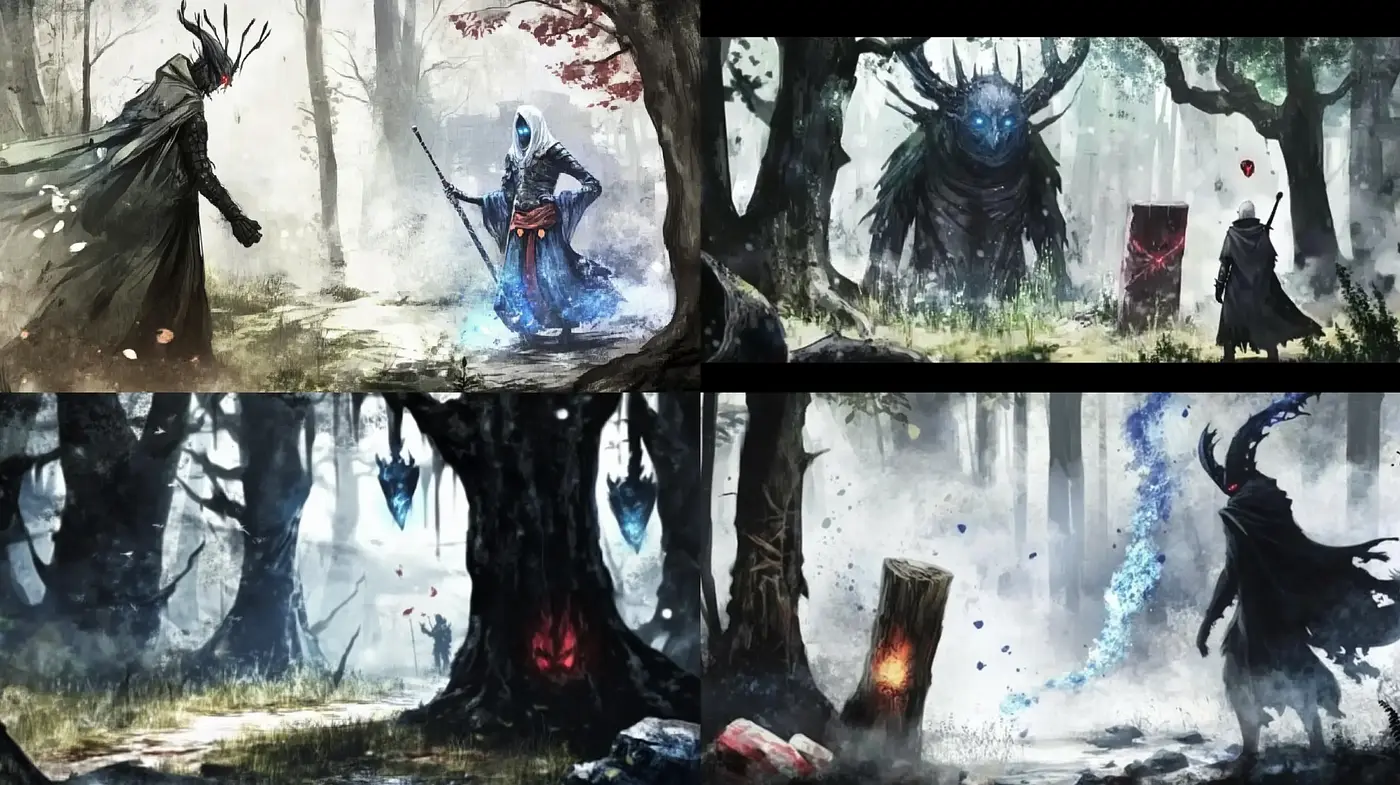 Ethereal Forest Apparitions: A Vivid Tapestry of Mythical Intrigue - Midjourney sref style