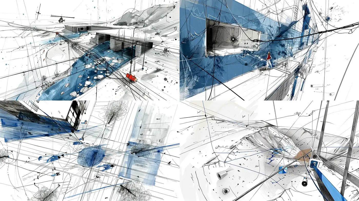 Abstract Linear Dynamics in Cool Monochrome with a Touch of Red - Midjourney sref style