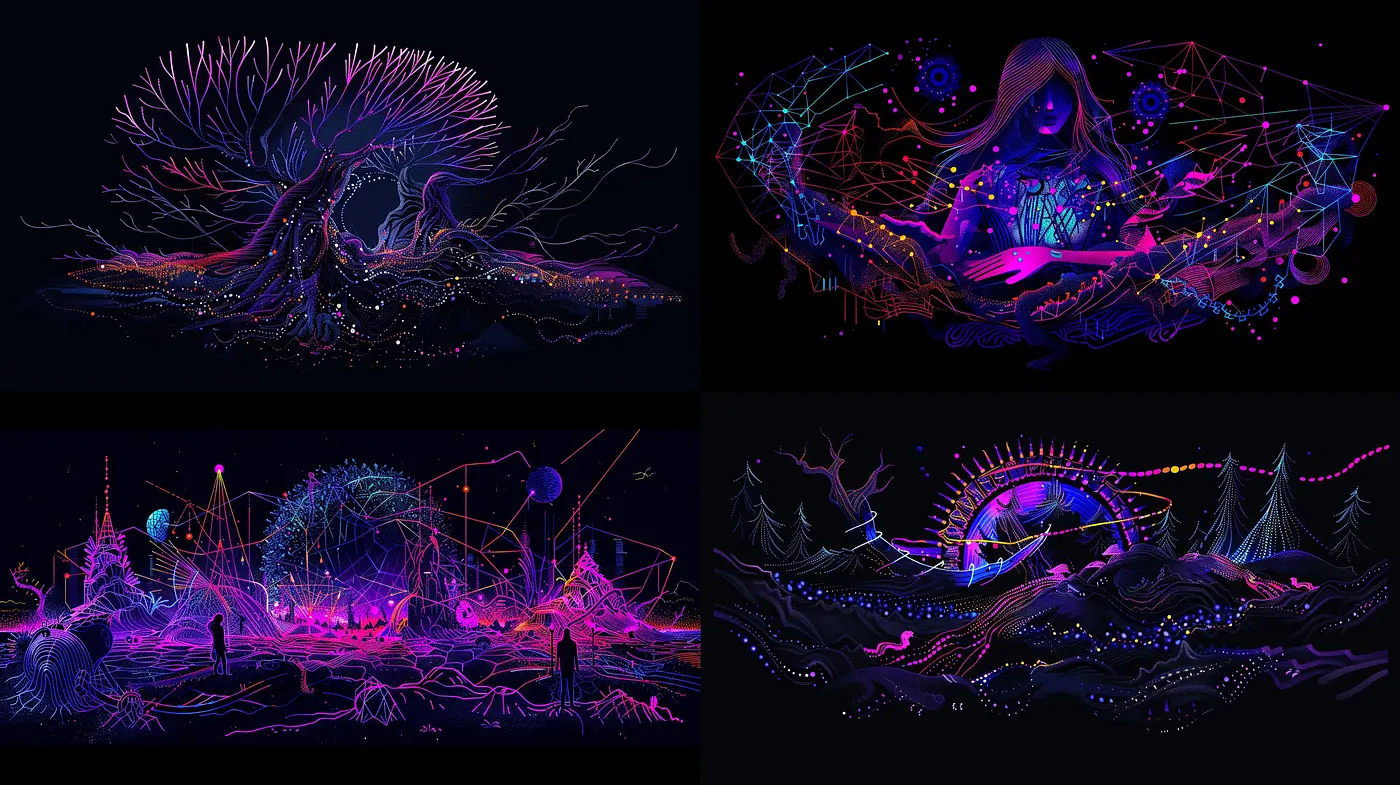 Neon Dreamscape: Luminescent Fantasia in Nightly Hues - Midjourney sref style