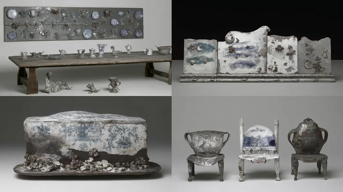Deteriorating Elegance in Surreal Ceramic Assemblages - Midjourney sref style