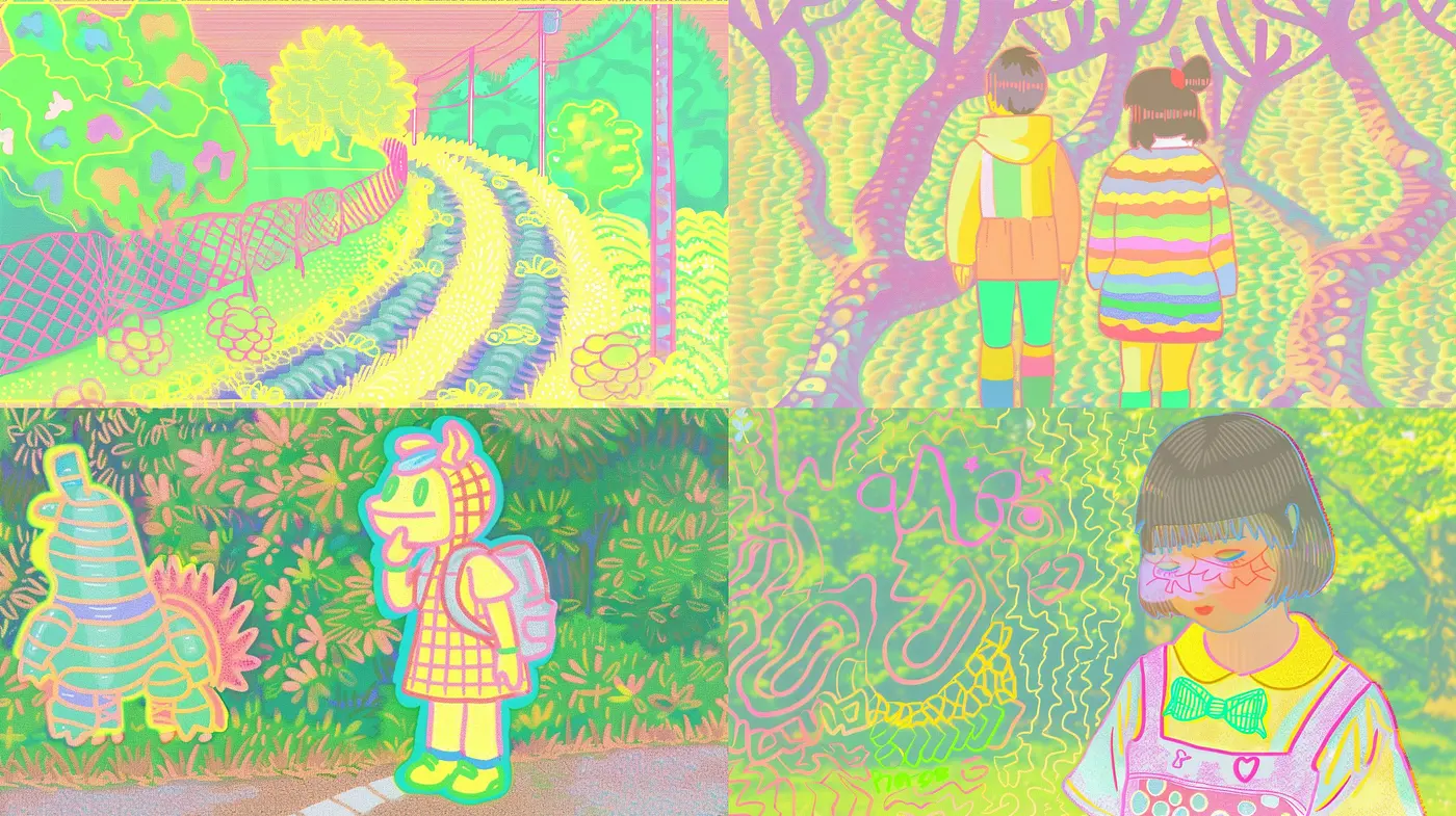 Pastel Dreamscapes: A Synthesis of Surrealism and Vibrant Outlines in Digital Art - Midjourney sref style