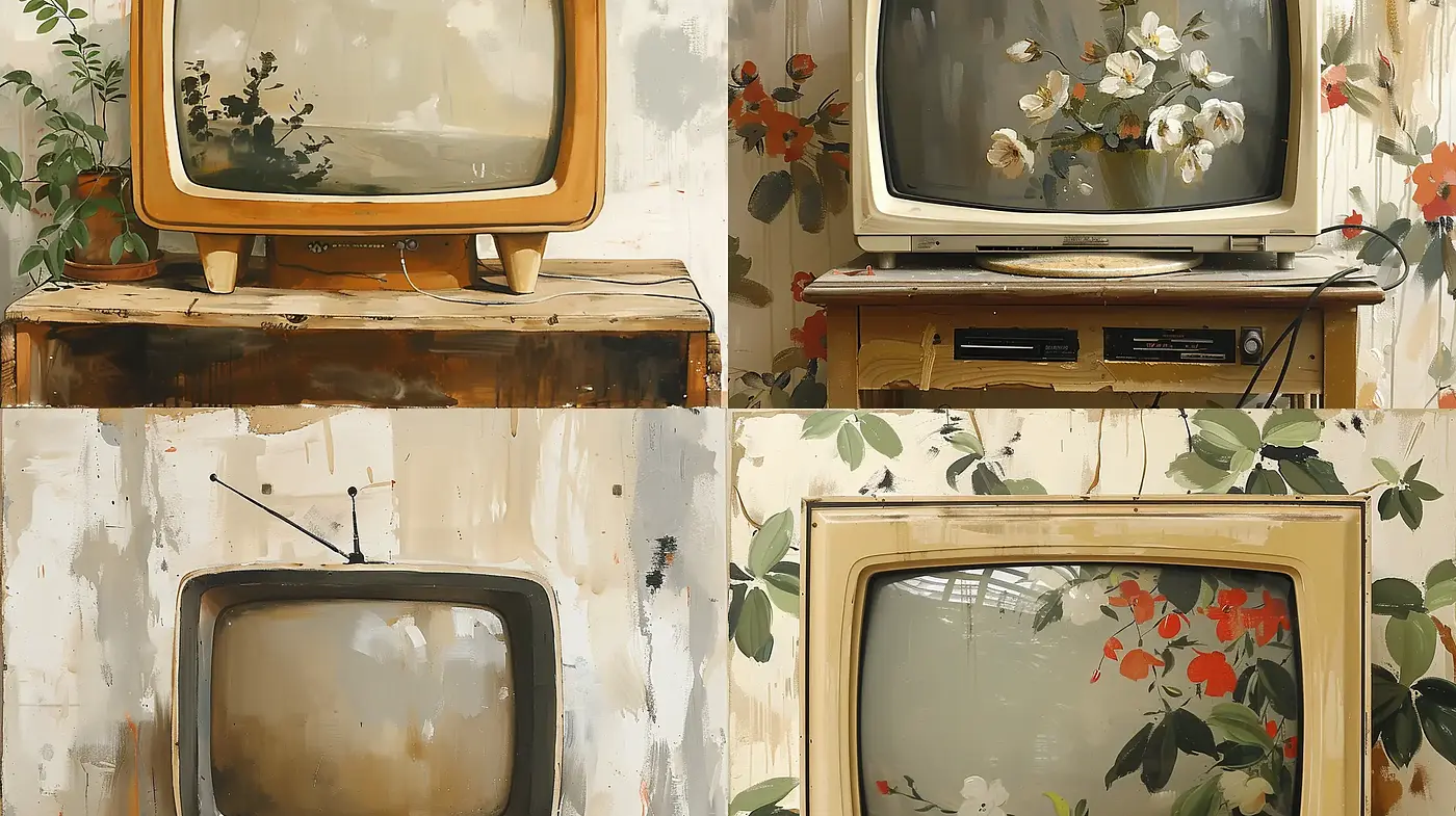 Vintage Florals and Retro Television Fusion - Midjourney sref style
