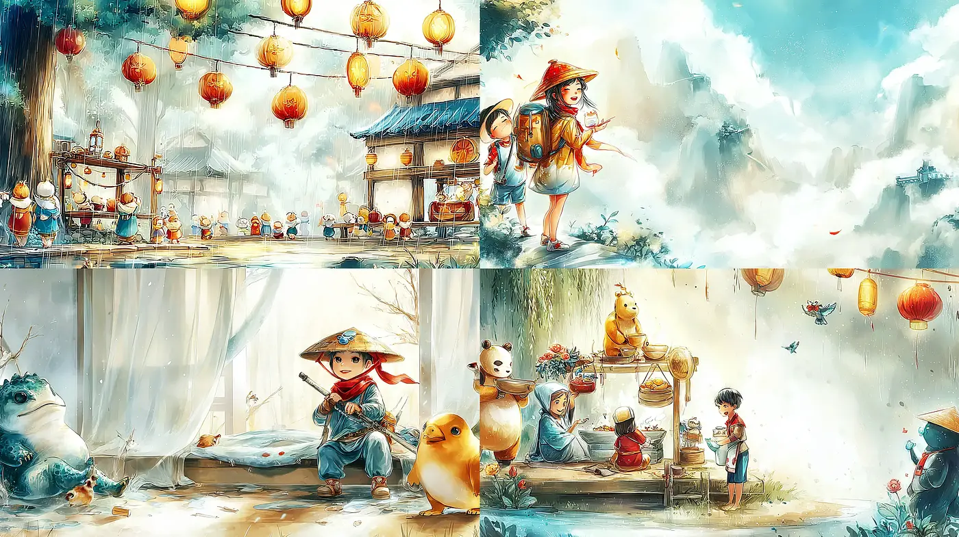 Whimsical Oriental Fantasy with Charming Character Design and Dreamy Landscapes - Midjourney sref style