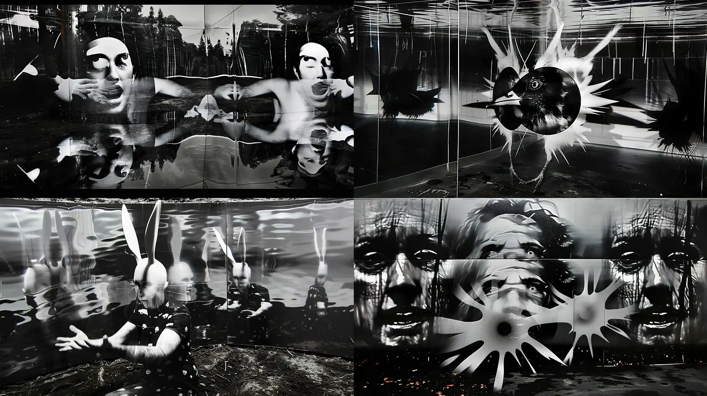 Distorted Monochromatic Dreamscapes in Noir Surrealism - Midjourney sref style