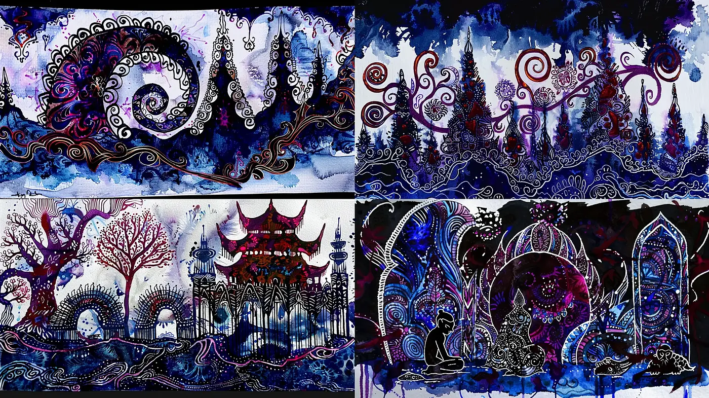 Enchanted Nocturnal Dreamscape: A Fusion of Surreal and Psychedelic Art - Midjourney sref style