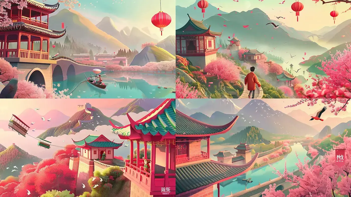 Serene and Harmonious Landscapes with Cultural Influences - Midjourney sref style