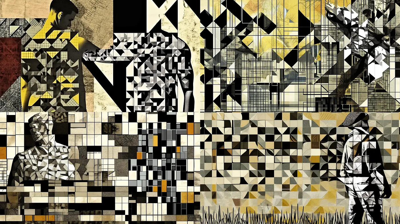 Fragmented Elegance in Monochrome: A Harmonious Blend of Geometric Abstraction and Photorealistic Textures - Midjourney sref style