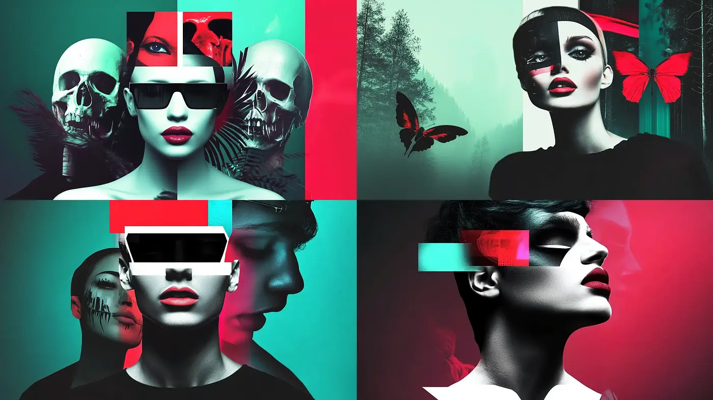 Crimson and Noir Surreal Portraiture Fusion - Midjourney sref style