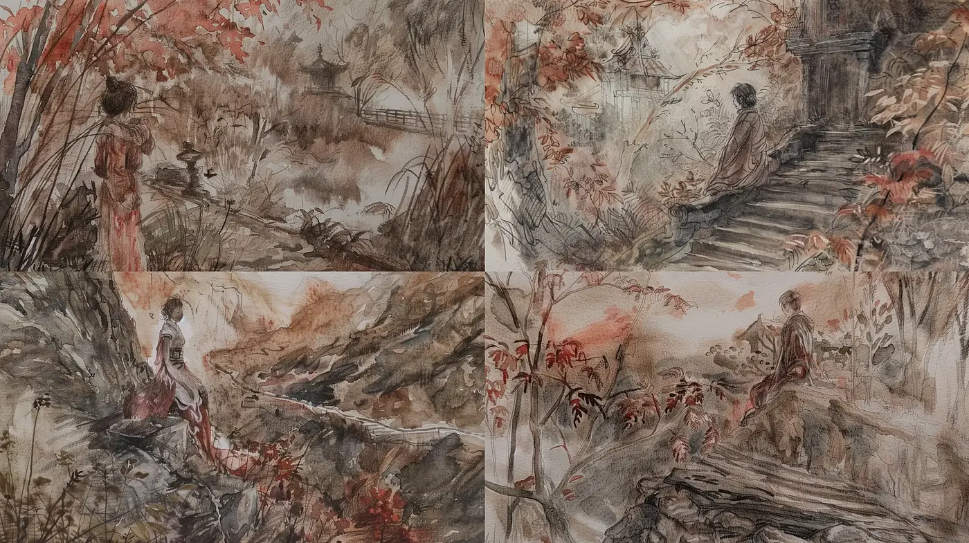 Sepia-Soaked Brush Strokes and Fluid Watercolor Contours - Midjourney sref style