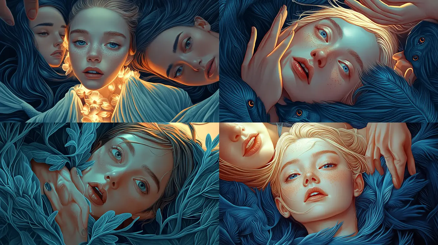 Ethereal Blue Hues and Surreal Poise - Midjourney sref style