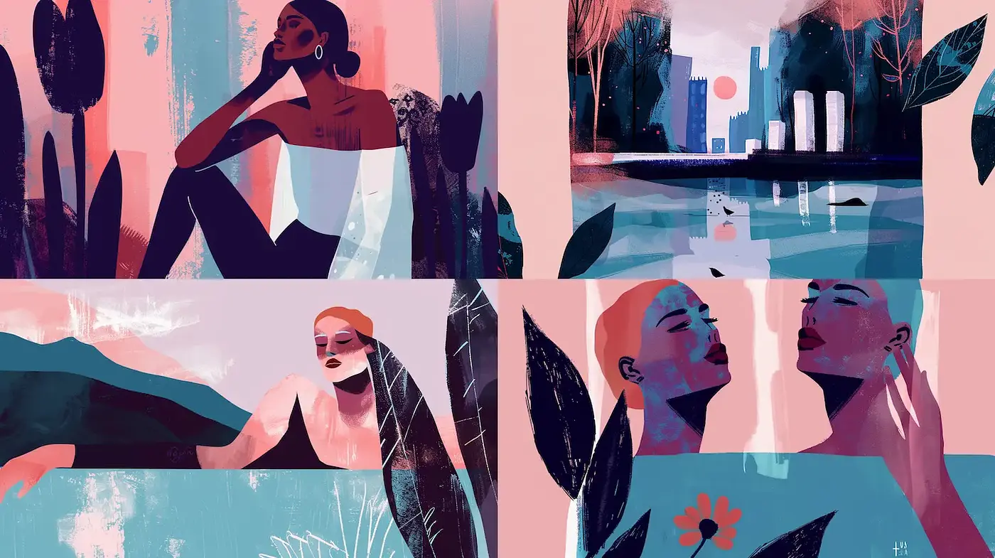 Stylized, Modern Illustrations with a Vintage Essence and Feminine Touch - Midjourney sref style