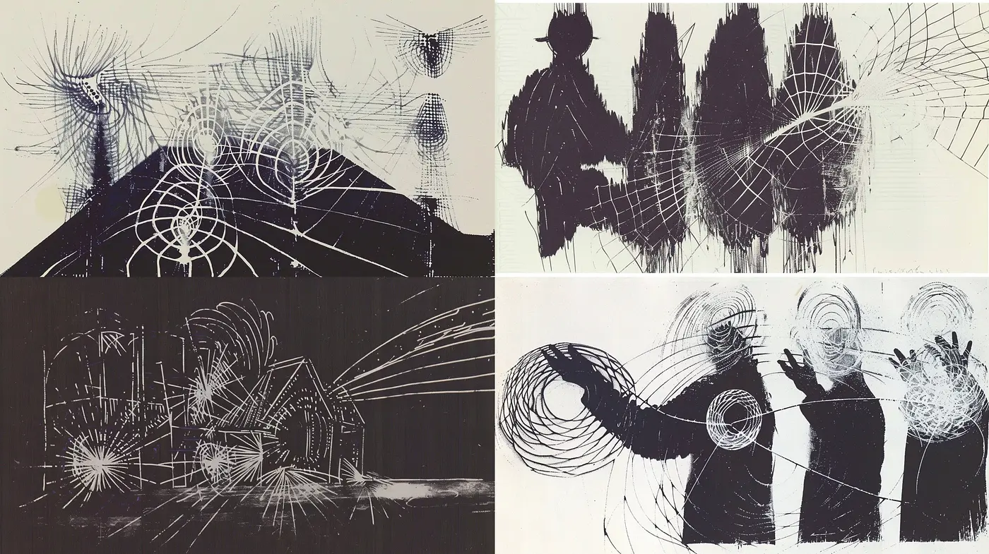 Monochromatic Whispers of Line and Shadow: An Abstract Study in Ink - Midjourney sref style