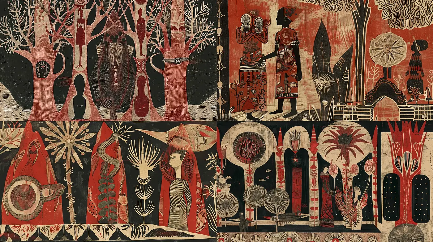 Abstract Tapestry of Mythical Storytelling - Midjourney sref style