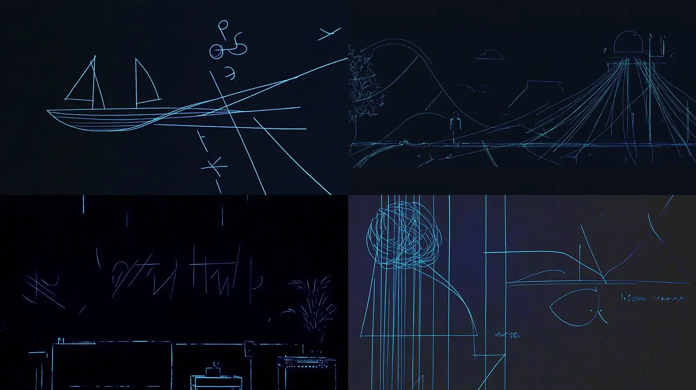 Consistent nocturnal sketch-style aesthetic with abstract expressionist influences - Midjourney sref style
