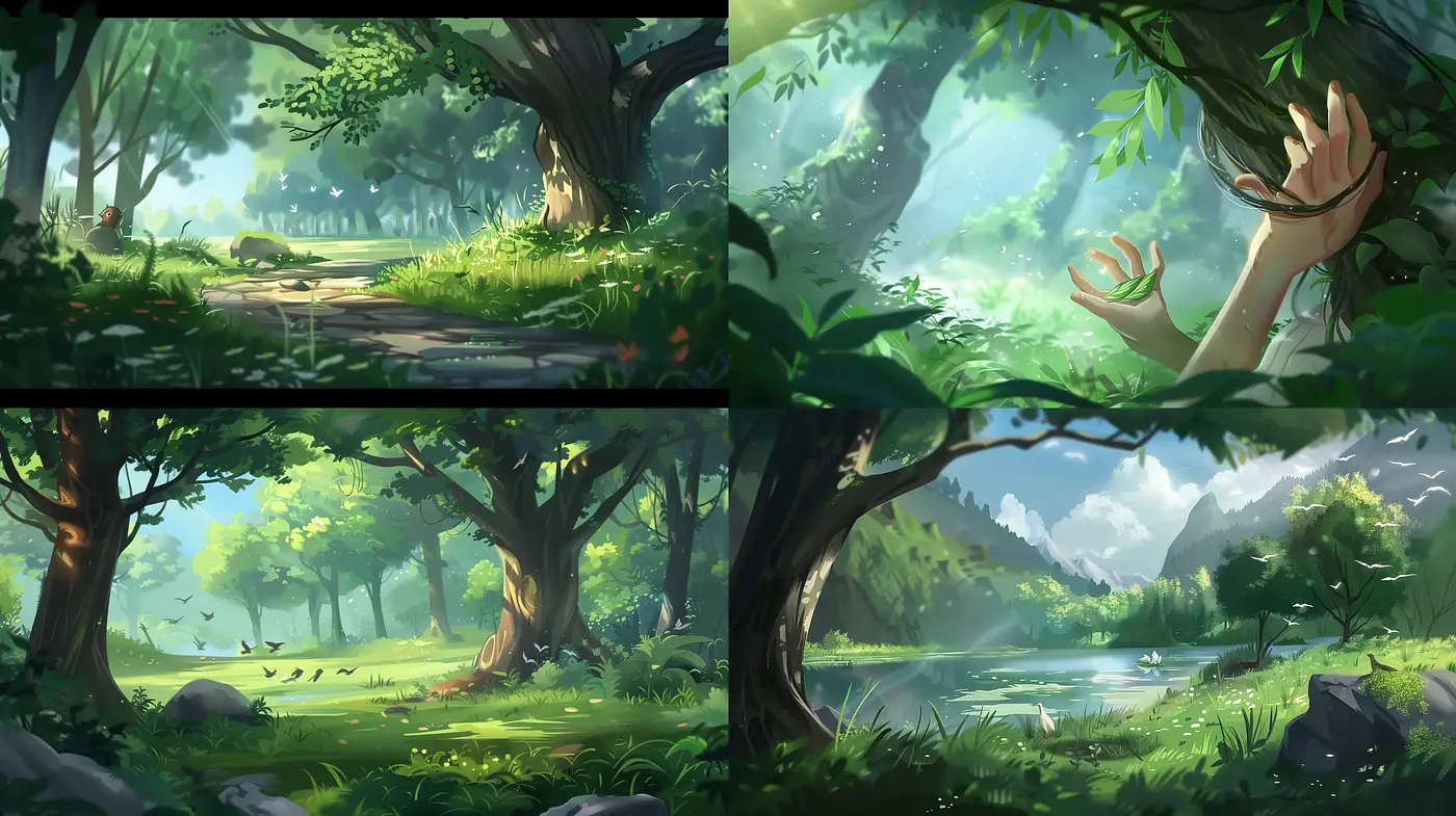 Lush Verdant Dreamscape: A Harmonious Melding of Tranquil Nature - Midjourney sref style