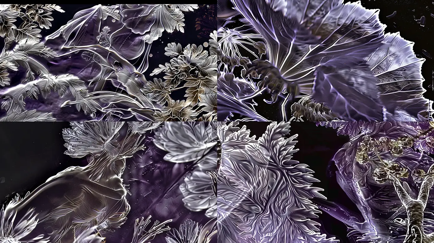 Luminous Florals in Nocturnal Hues: A Study of Contrast and Detail in Digital Art - Midjourney sref style