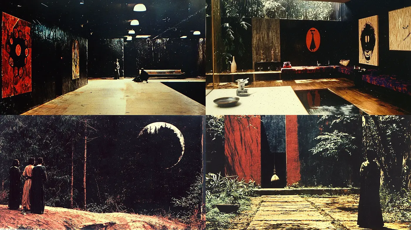 Ethereal Mystery in Red and Black: A Cinematic Confluence of Shadows and Enigmas - Midjourney sref style