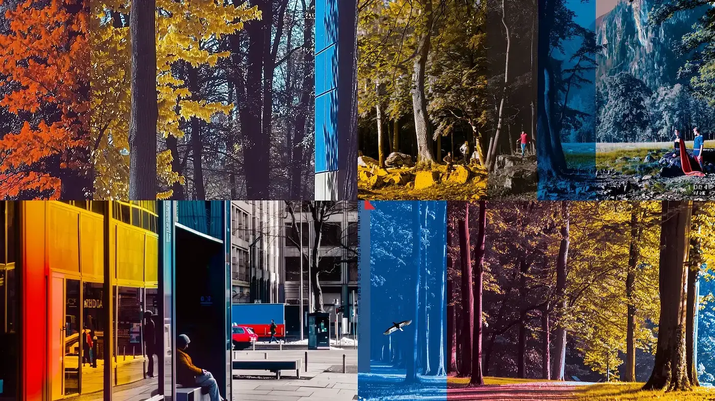 Vibrant, modernist landscapes with a blend of nature and urban elements - Midjourney sref style
