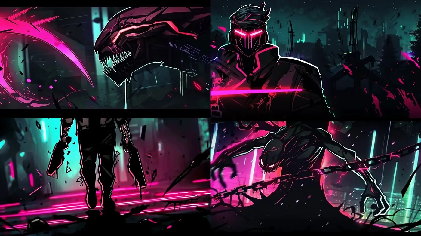 Neon-Noir Cyberpunk Aesthetic Across Four Dynamic Vignettes - Midjourney sref style