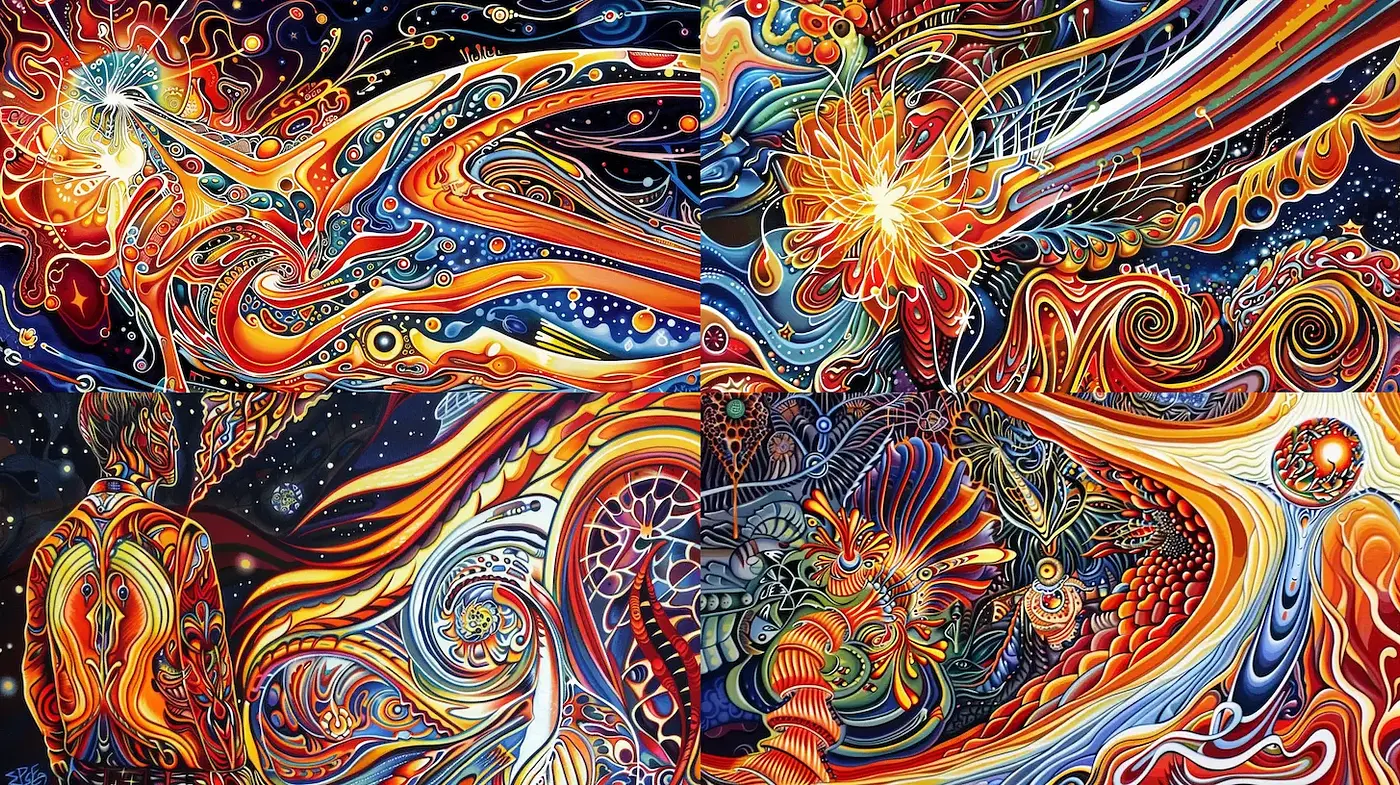 Vibrant Cosmic Surrealism with Psychedelic Flourishes - Midjourney sref style