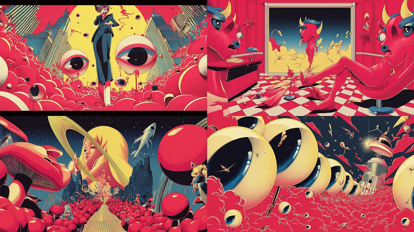 Vibrant Surrealism with Bold Color Contrast and Playful elements - Midjourney sref style