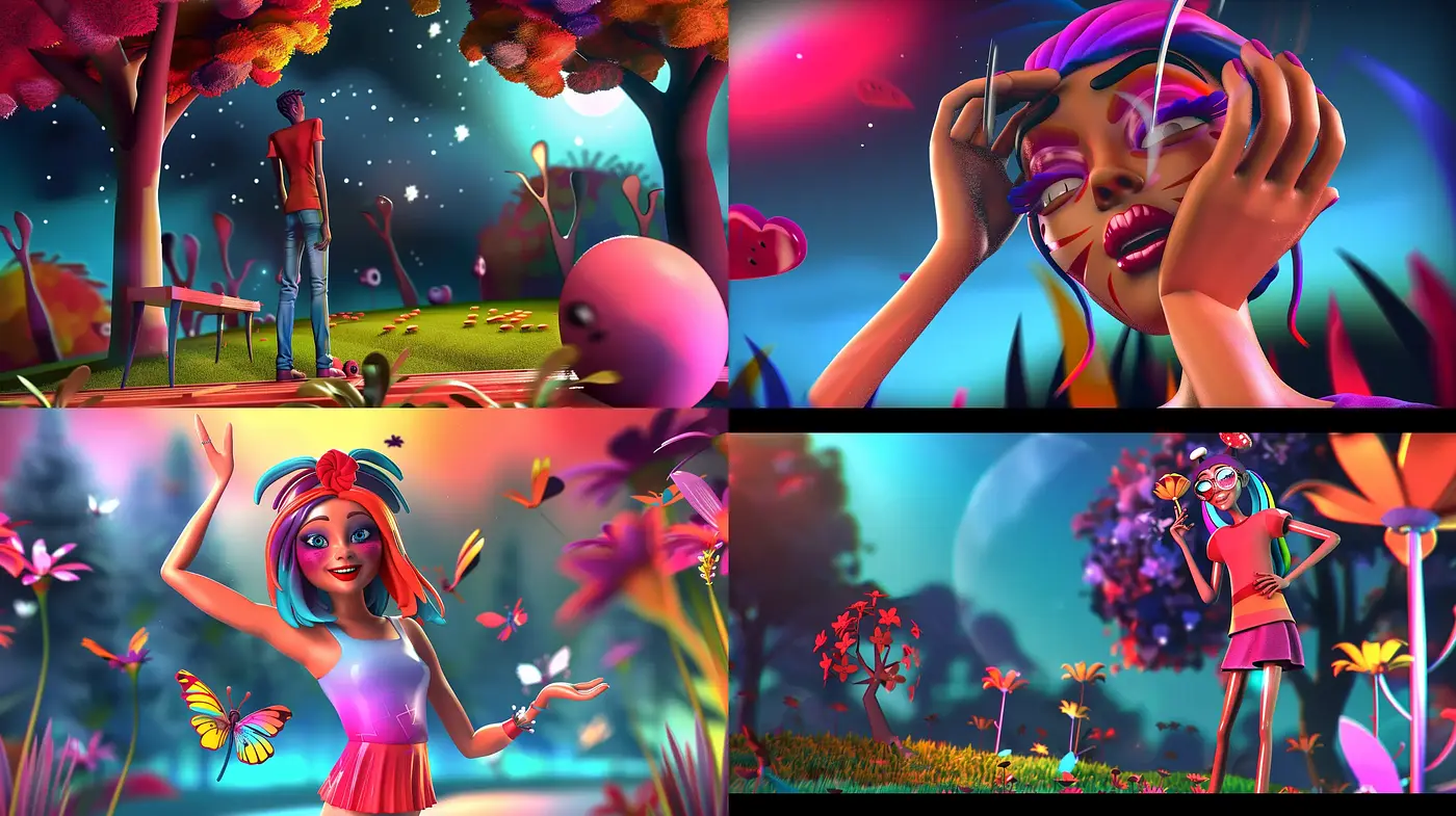 Surreal Dreamscapes with Vibrant Hues and Whimsical Characters - Midjourney sref style