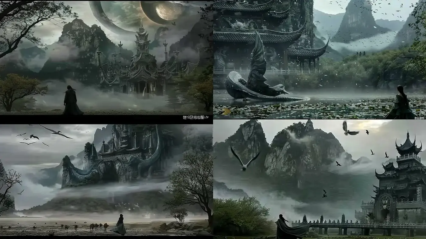 Mystical landscapes with ethereal elements and architectural grandeur - Midjourney sref style