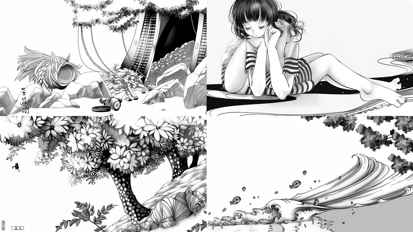 Monochromatic Fantasy: A Homage to Traditional Manga Illustration - Midjourney sref style
