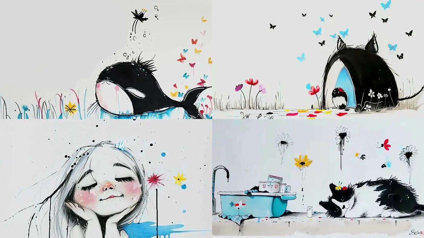 Whimsical Ink-Splashed Storybook Illustrations with Pastel Highlights - Midjourney sref style