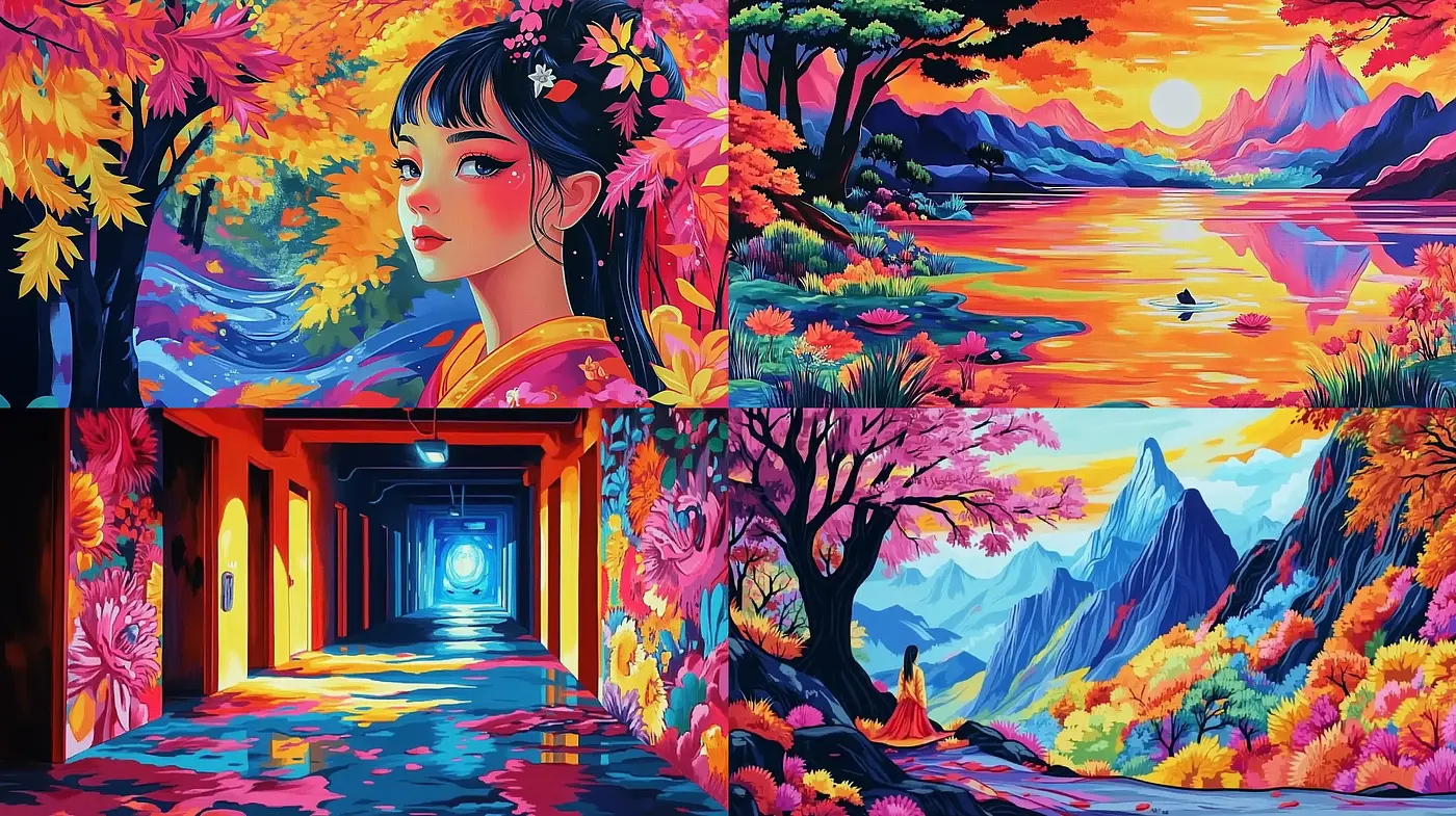 Vibrant Euphoria: A Dreamlike Fusion of Vivid Colors and Serene Nature - Midjourney sref style