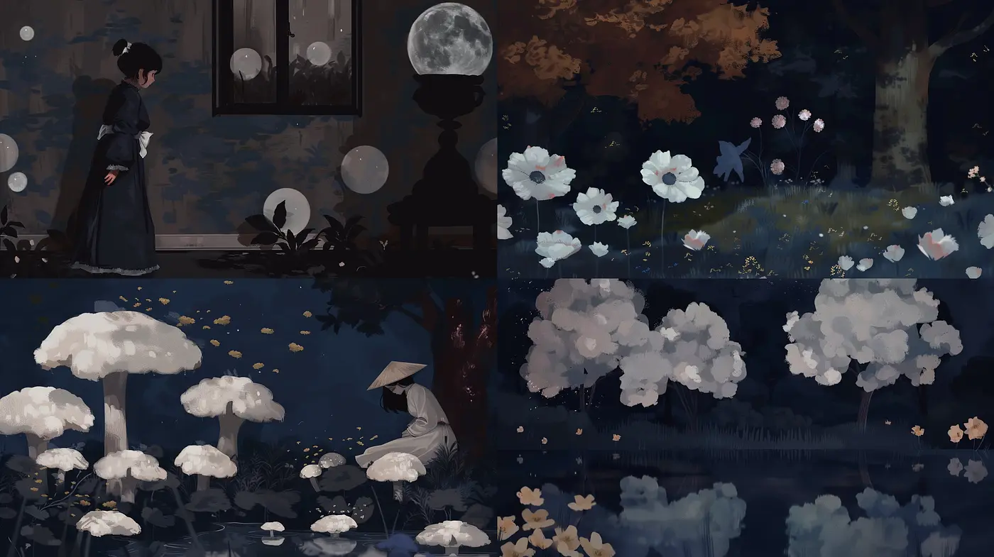 Ethereal Nocturne: A Tranquil Fusion of Digital Impressionism and Melancholic Moonlit Serenity - Midjourney sref style
