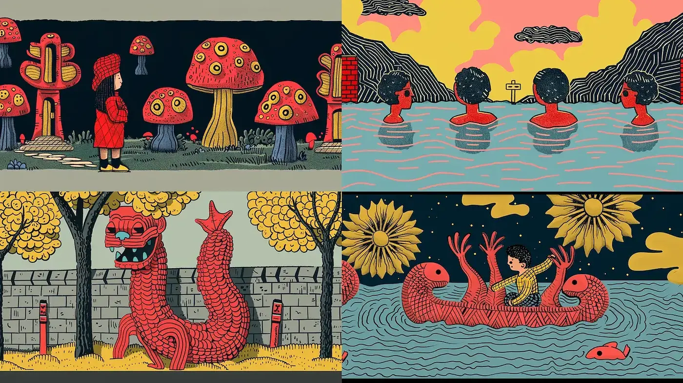 Whimsical Twilight: A Crosshatch Dream in Vivid Hues - Midjourney sref style