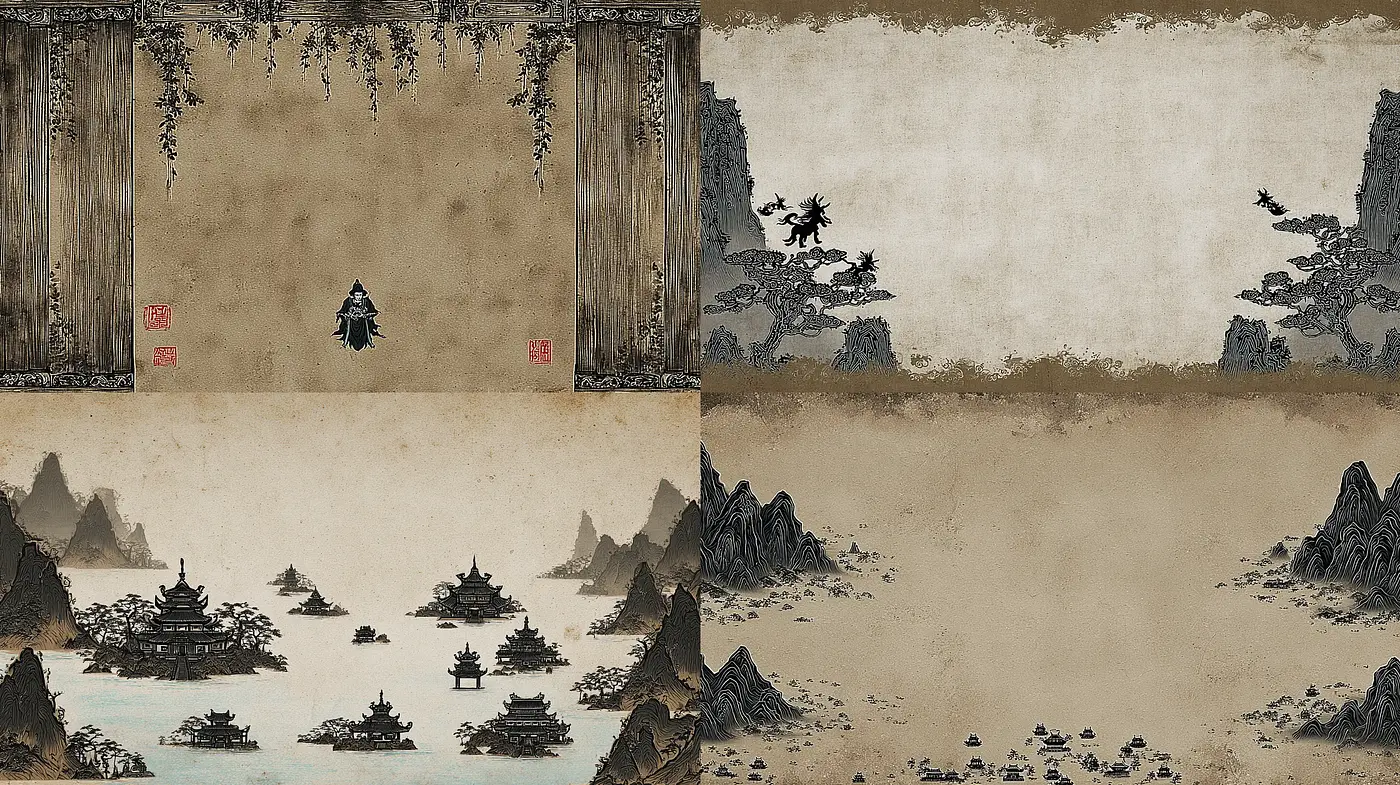 Balanced harmony of ancient East Asian aesthetic with serene landscapes - Midjourney sref style