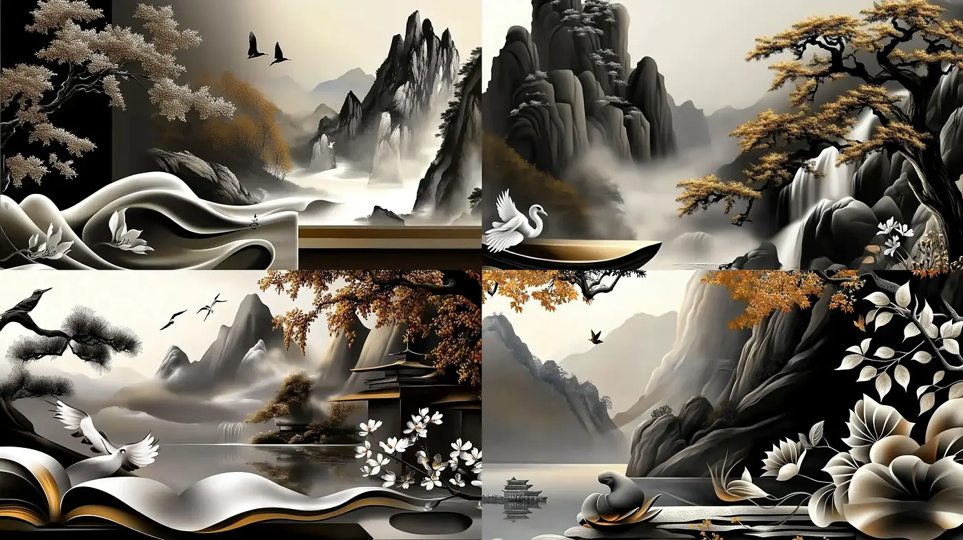 Tranquil Monochrome Elegance: A Homage to Traditional Ink Wash Paintings - Midjourney sref style