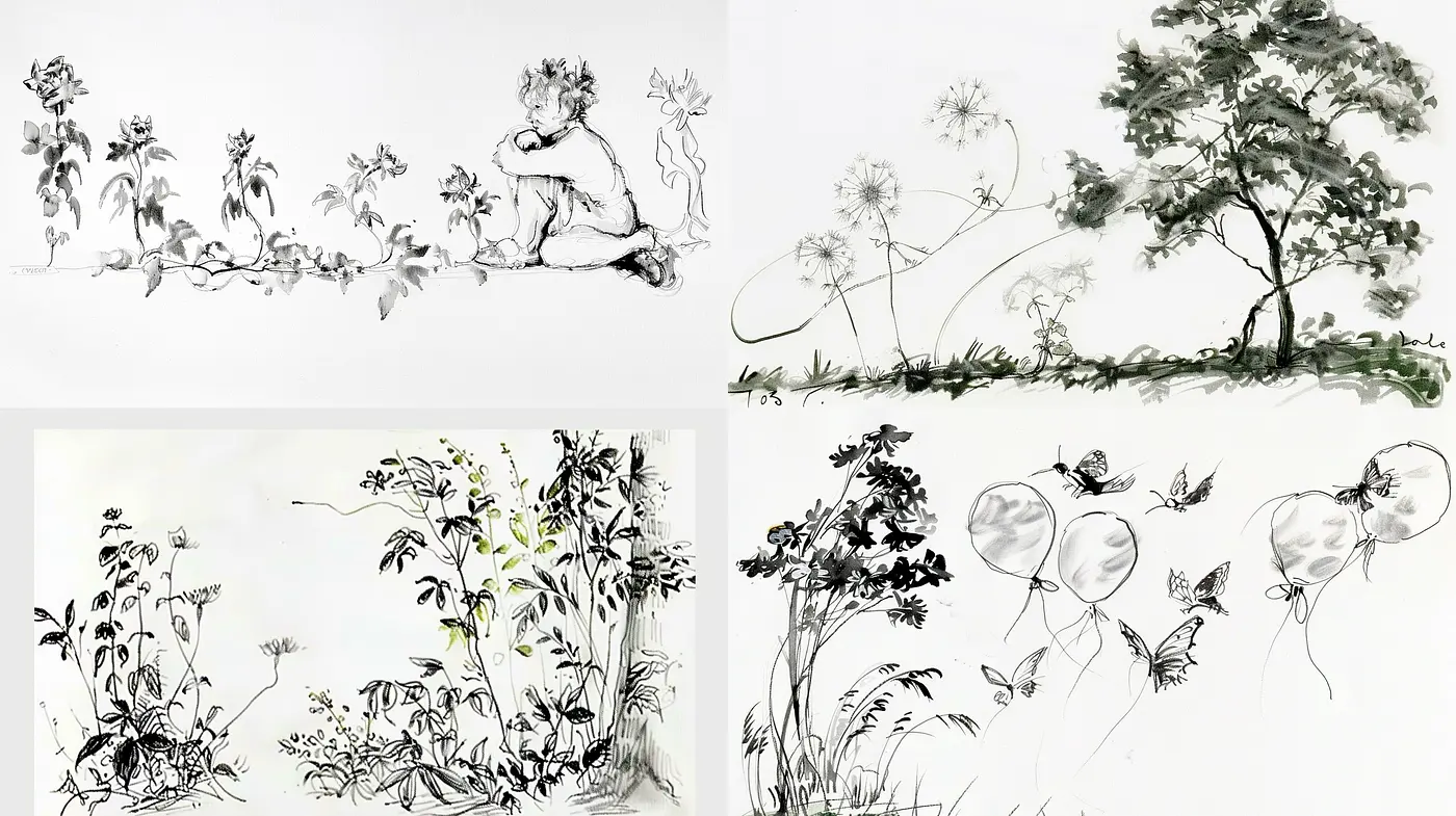 Monochromatic Botanical Illustration with Expressive Ink Strokes - Midjourney sref style