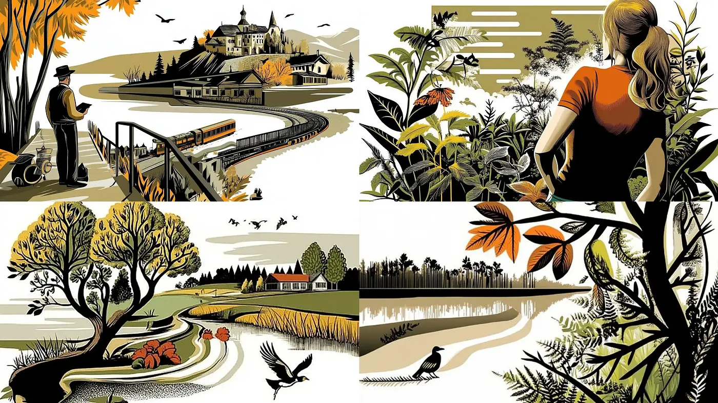 Retro Woodcut Harmony with Autumnal Hues - Midjourney sref style