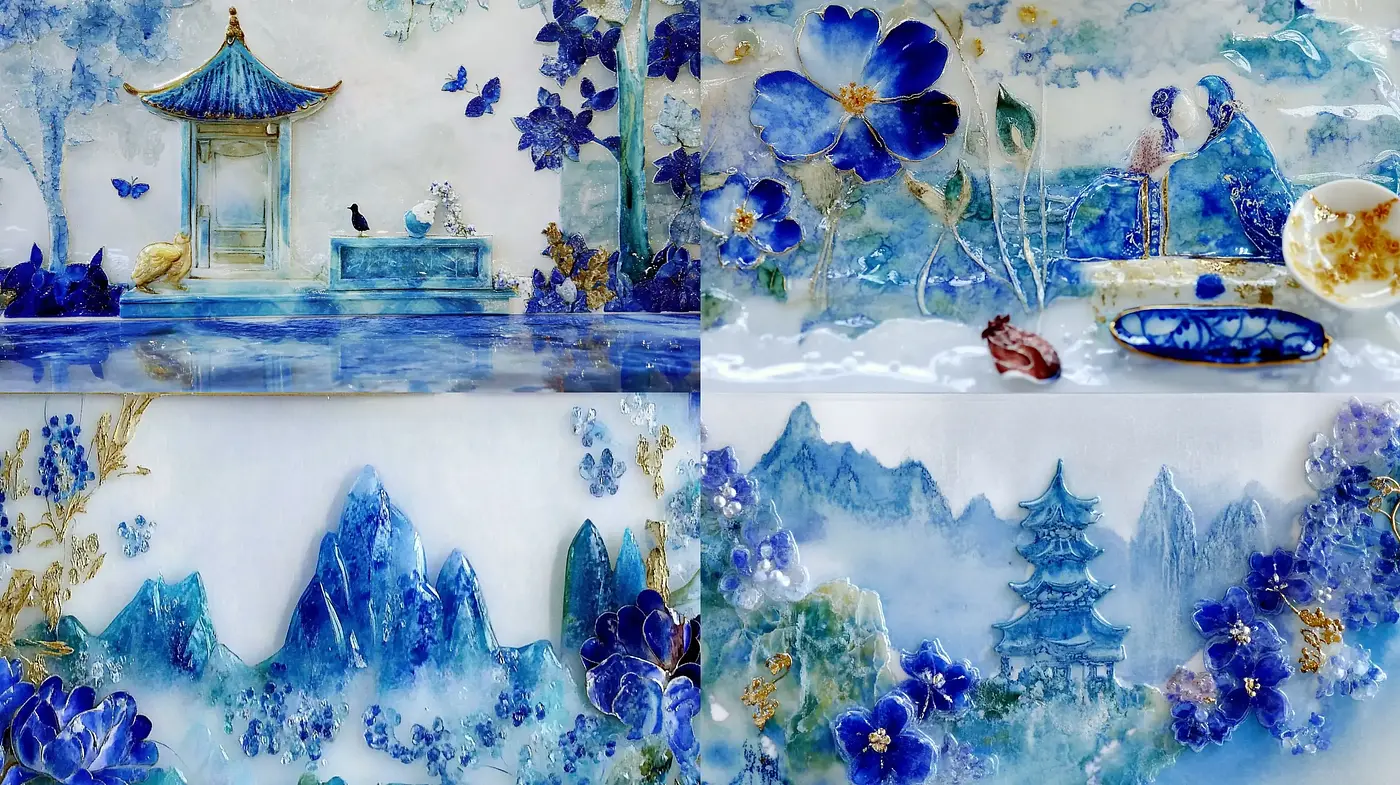 Ethereal Ceramic Hues in Blossoming Asian Scenery - Midjourney sref style