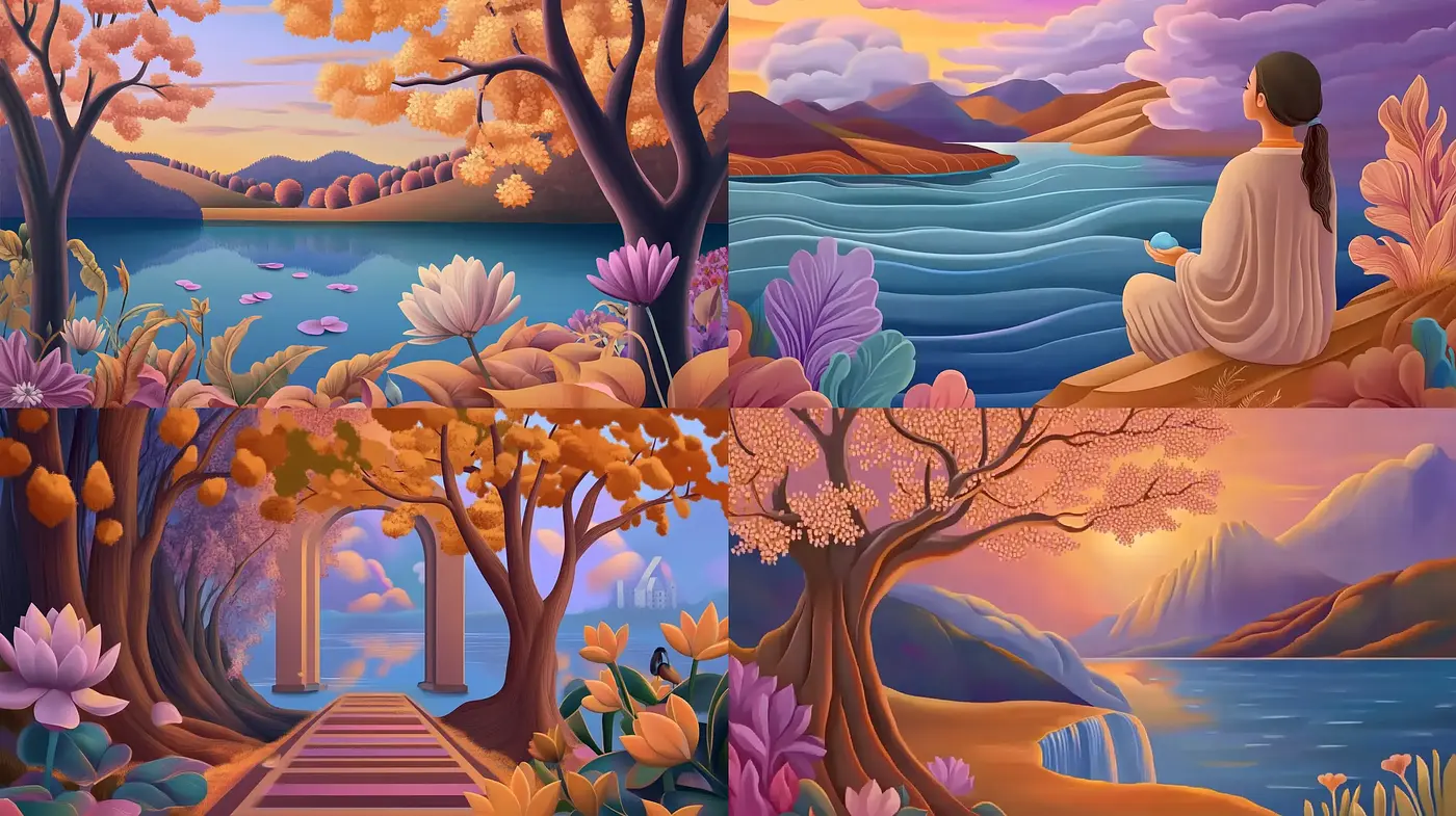Serene Twilight Hues in Stylized Natural Vistas - Midjourney sref style