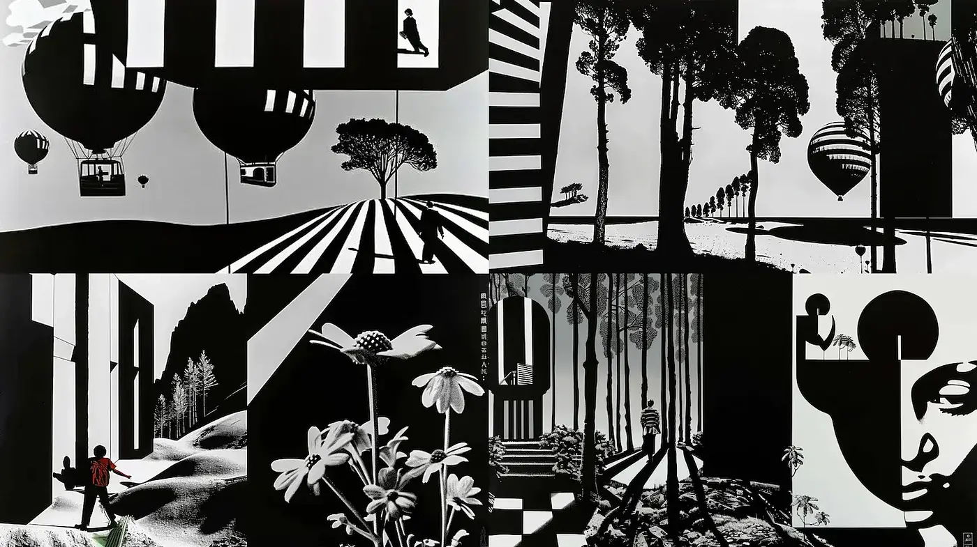 Monochromatic Dreamscape of Surreal Contrasts - Midjourney sref style