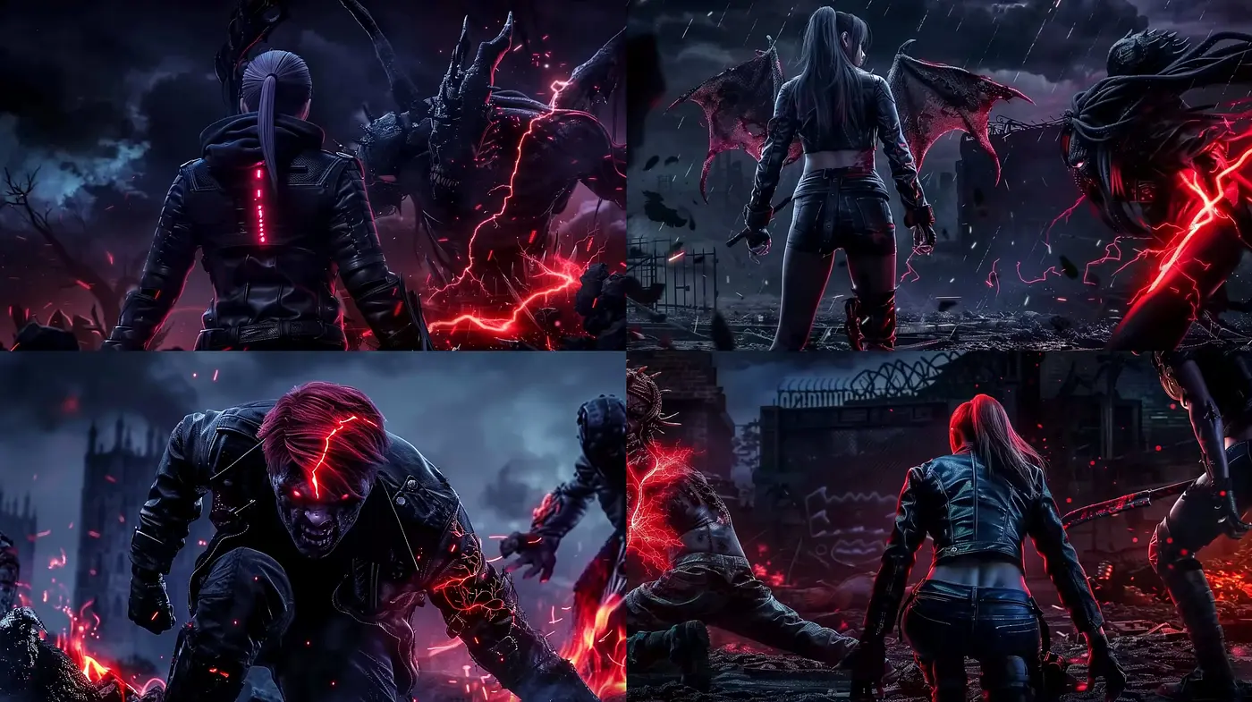 Gothic Noir with Electric Crimson Accents Under Moonlit Skies - Midjourney sref style