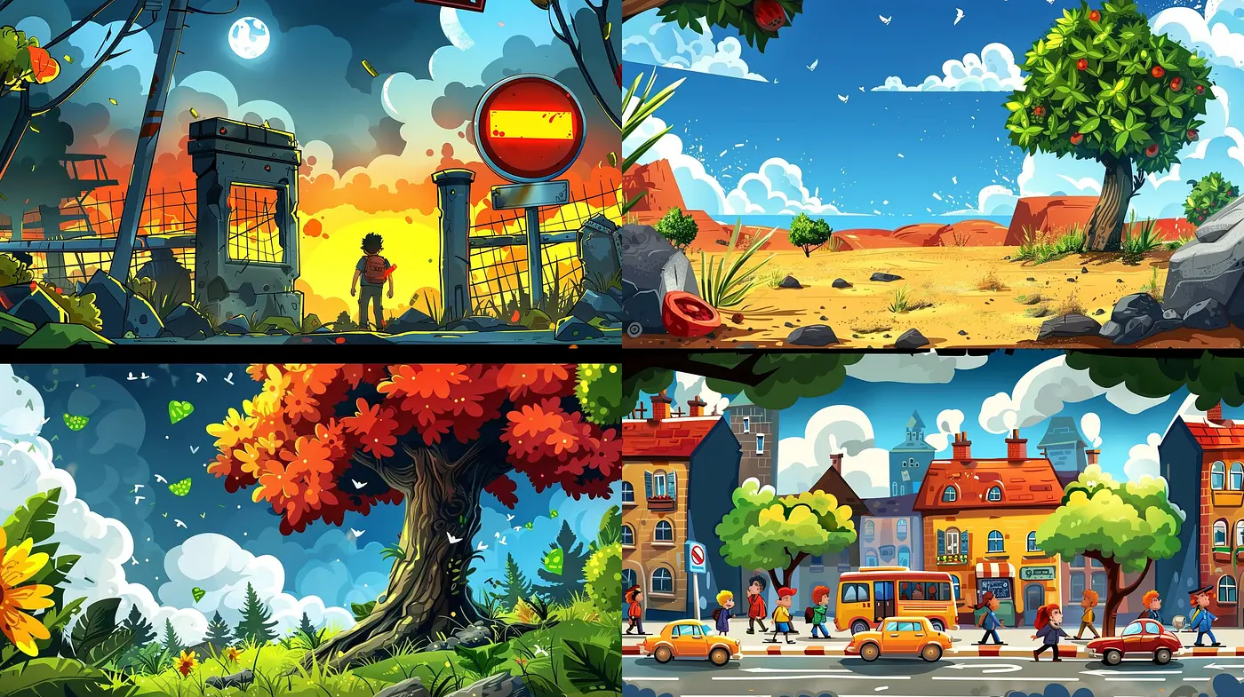 Radiant Chromatic Harmony in Stylized Nature and Urban Vignettes - Midjourney sref style